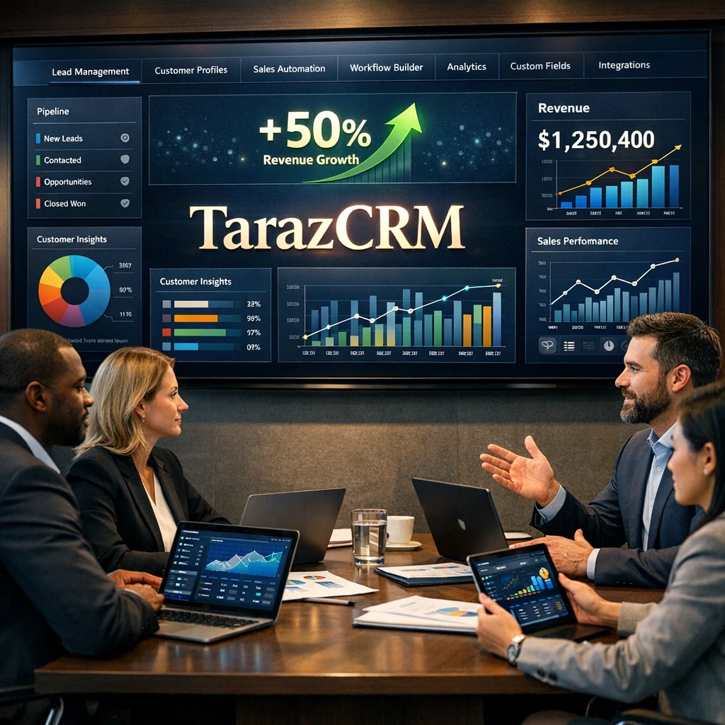 TarazCRM feature dashboard showing lead management, sales automation, customer profiles, analytics and workflow customization in a modern business environment