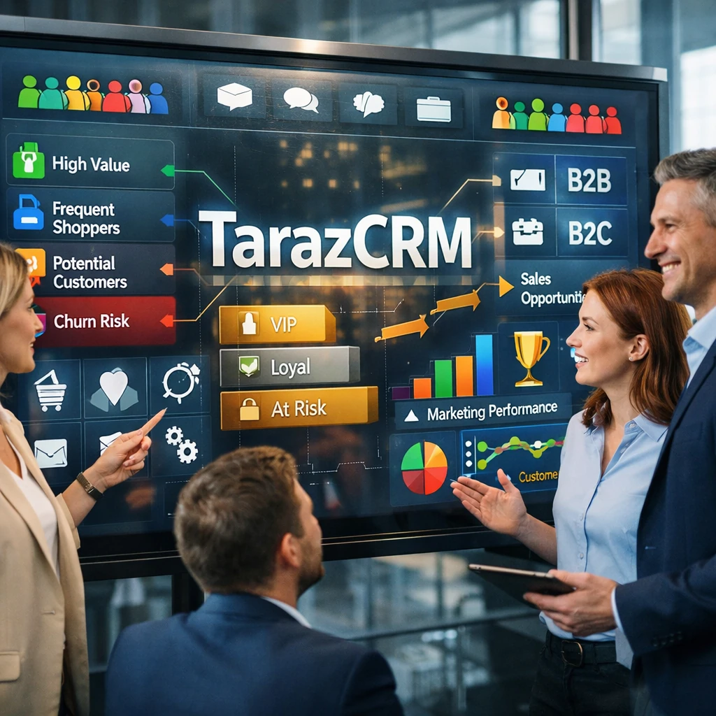 Comparison of customer segmentation methods in CRM including behavioral segmentation, RFM analysis, B2B segmentation, and hybrid audience models in TarazCRM dashboard