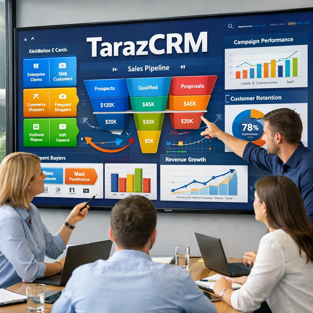Practical customer segmentation training in TarazCRM dashboard showing behavioral segments, business types, sales actions, and targeted marketing workflows