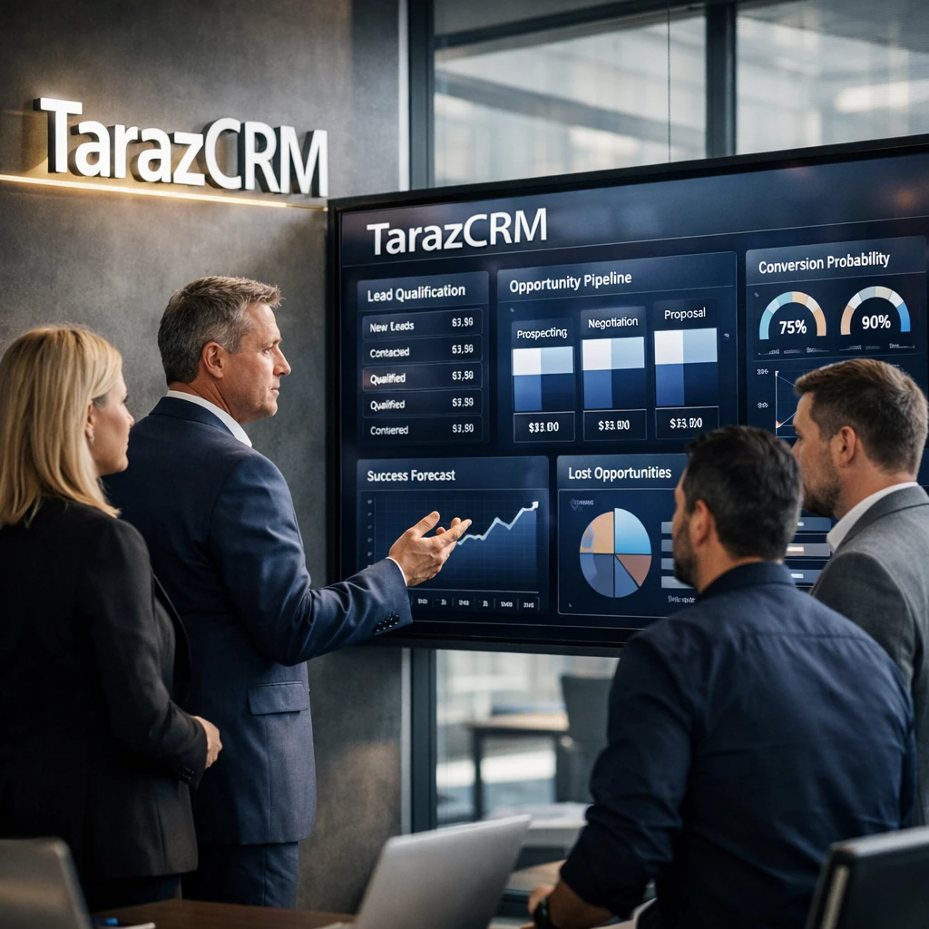 Lead to opportunity process visualization in TarazCRM dashboard showing lead qualification, automated decision criteria, opportunity scoring, success prediction and lost opportunity analysis in a modern sales environment