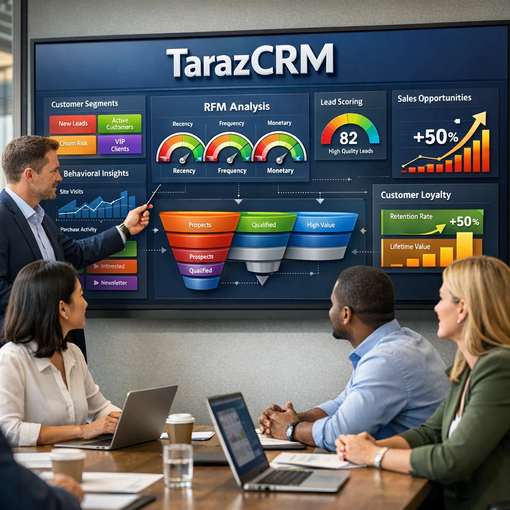 Professional sales and marketing team analyzing advanced customer segmentation features in TarazCRM dashboard with behavioral data, RFM model, smart tagging, and sales growth analytics