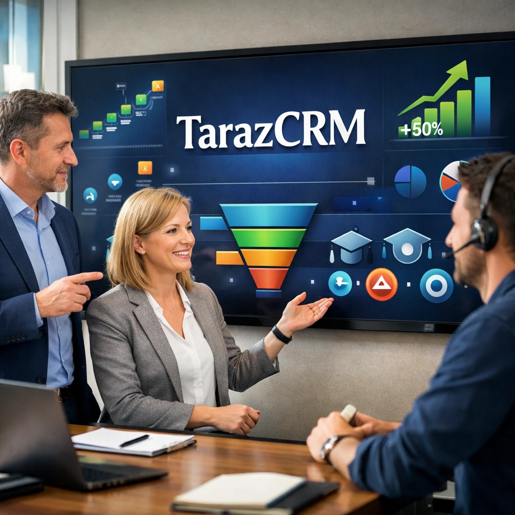 TarazCRM training dashboard showing CRM tutorials, customer management workflows, sales pipeline learning modules and analytics in a modern professional office environment