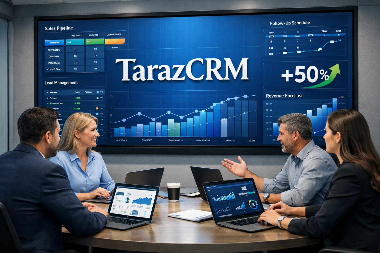 TarazCRM sales dashboard showing sales pipeline, lead management, follow-ups and revenue forecasting for professional sales teams