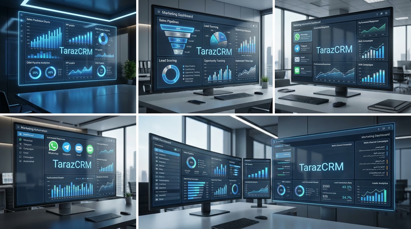 داشبورد بازاریابی هوشمند TarazCRM با کمپین‌های واتساپ، تلگرام، ایمیل و پیامکی