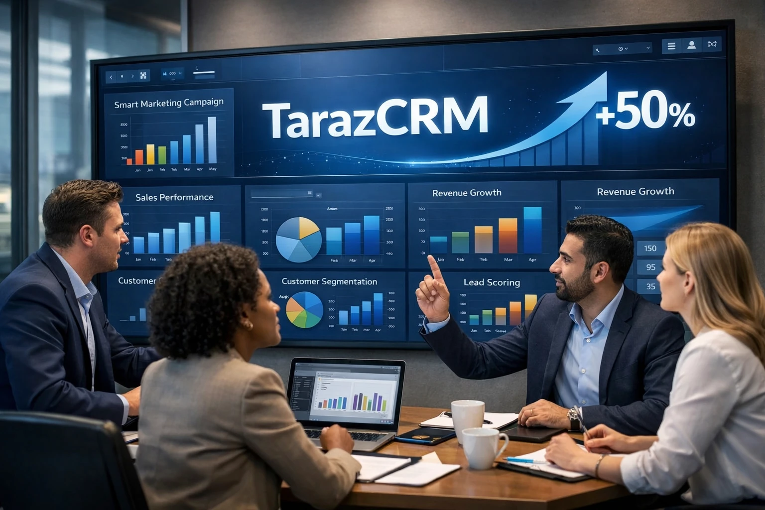 TarazCRM marketing dashboard showing customer segmentation, lead scoring and data-driven decision making