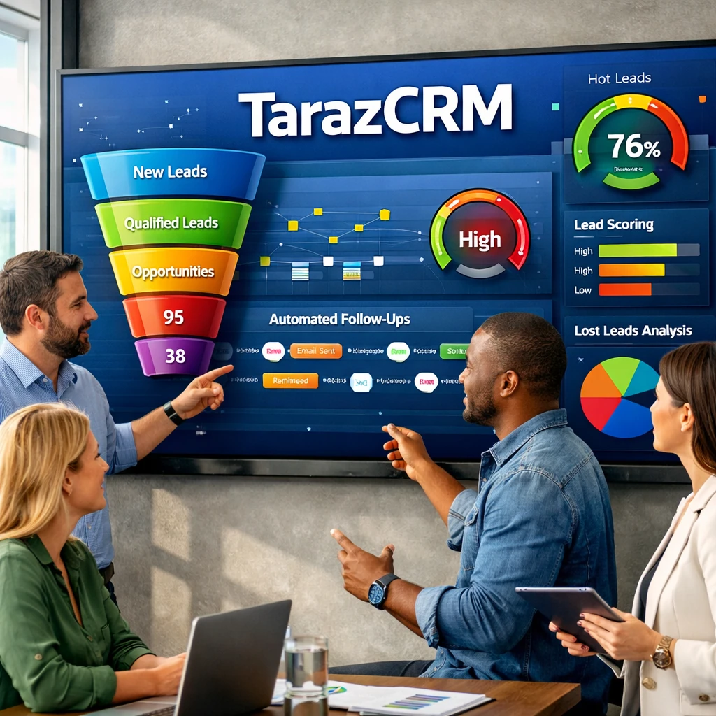 Photorealistic sales team analyzing lead management funnel in TarazCRM dashboard, showing lead prioritization, sales automation, predictive conversion scoring, lost lead analysis, and opportunity pipeline in a modern office with natural light