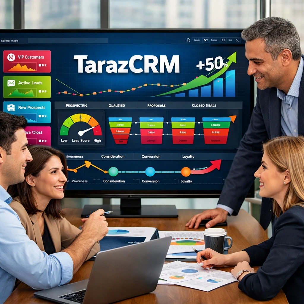 Photorealistic image of an Iranian sales team analyzing customer segmentation and lead prioritization in TarazCRM CRM dashboard with sales opportunities, lead scoring indicators, and growth charts